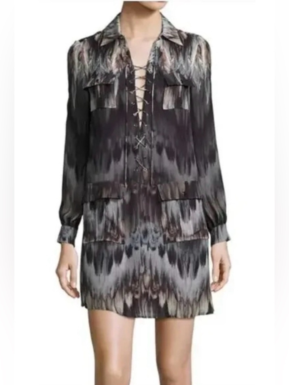 Haute Hippie She Too Will Rise Feather Print Lace Up Mini Dress Size 4